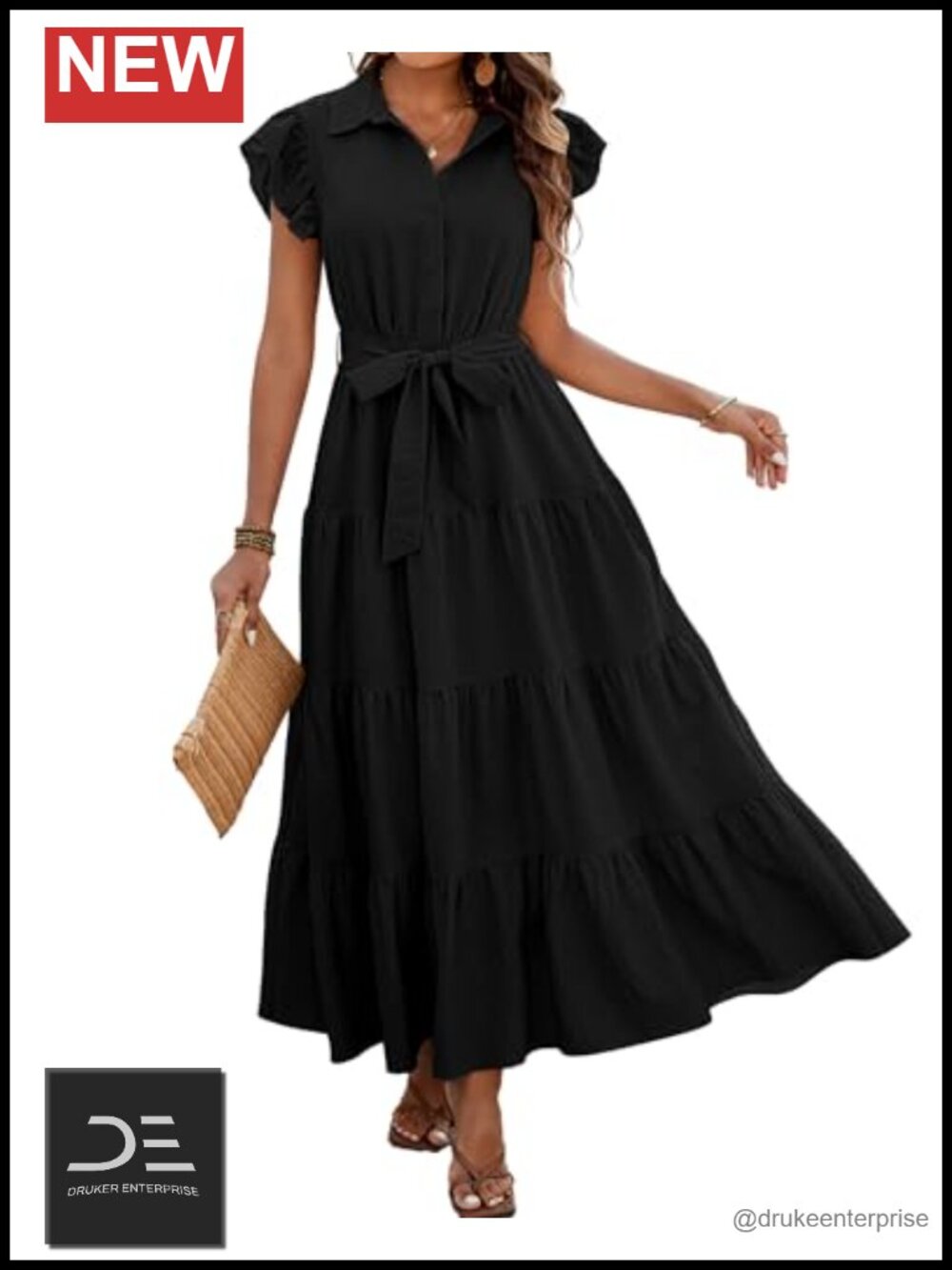 Women Ruffle Sleeve Button Down Belted V Neck Tiered Maxi Dress with Pockets
